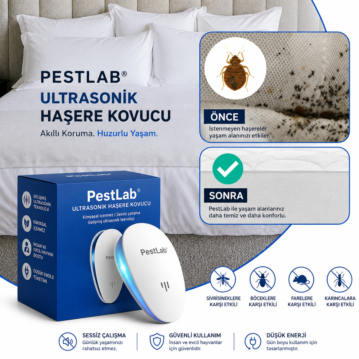 PestLab® Ultrasonik Haşere Kovucu | Kimyasalsız Ev Koruması